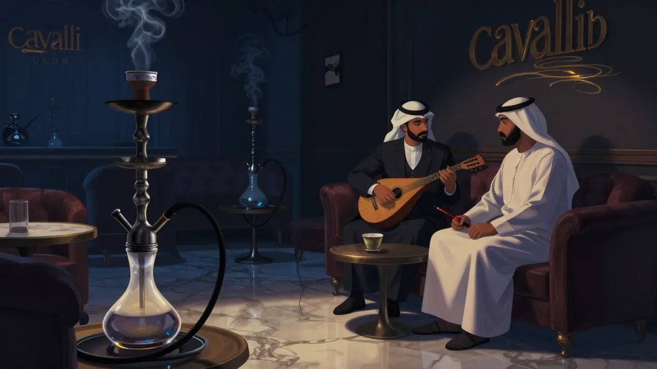Serene shisha lounge with glass hookahs and soft indigo lighting, a couple in traditional Emirati attire sharing quiet moments.