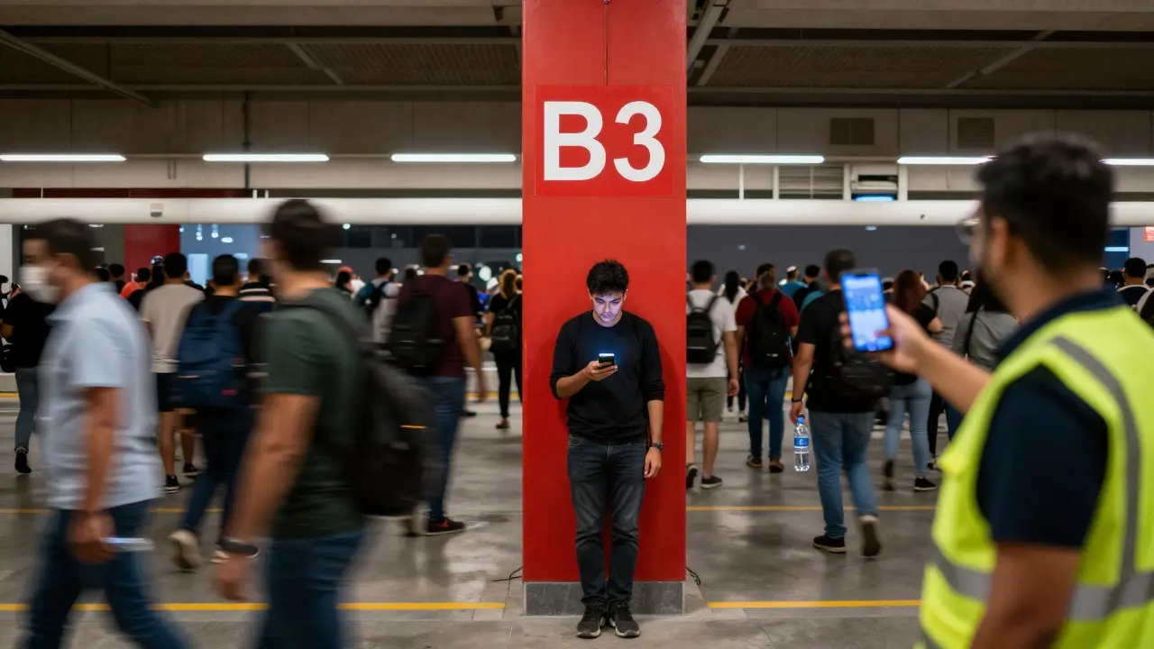Solo attendee standing at marked meeting point as staff approaches with water.