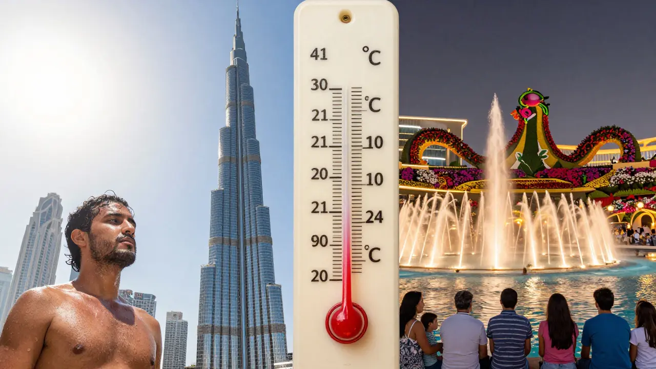 Split image contrasting Dubai's scorching summer with pleasant winter evening.