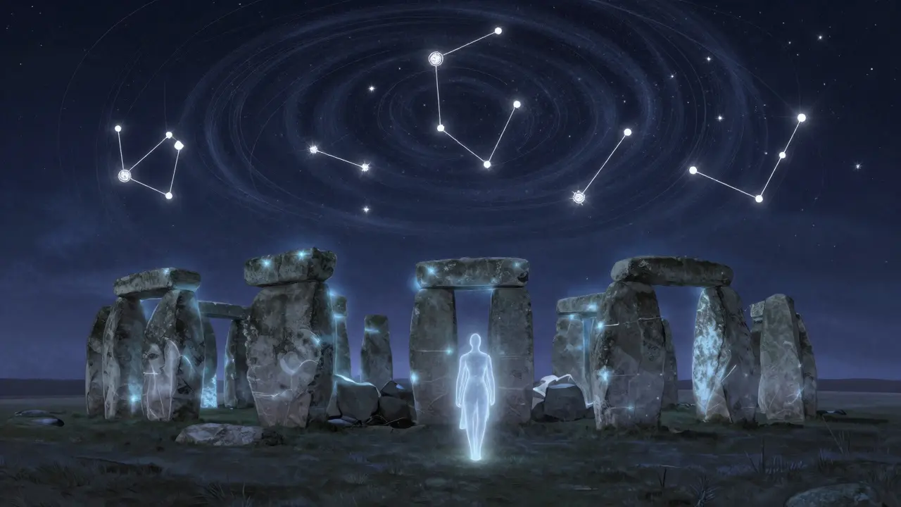 Stonehenge at solstice, glowing stones aligned with celestial patterns under a starry sky.