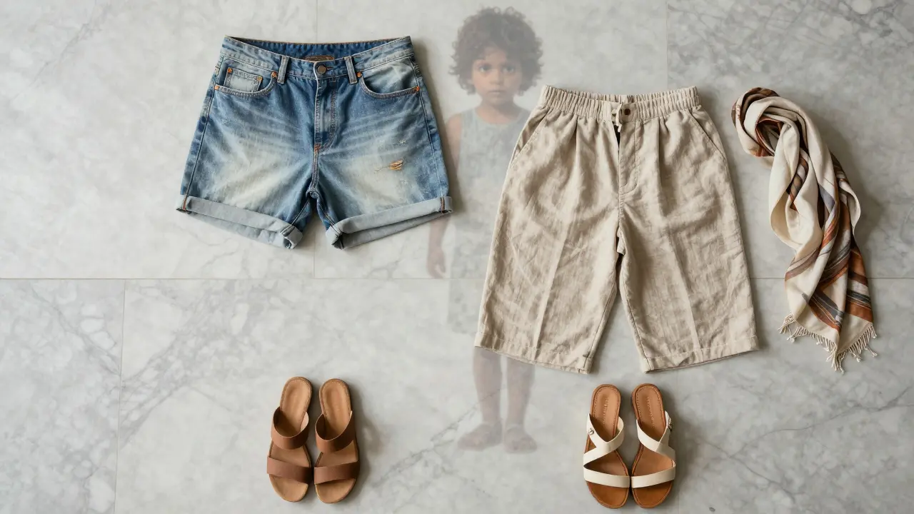 Two pairs of shorts contrast on marble floor—one too short with a watching child, the other modest with a scarf.