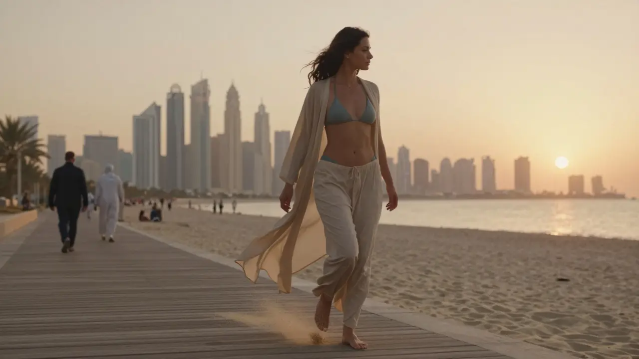 Woman covering up with a sarong after leaving Jumeirah Beach, Dubai skyline glowing in the sunset.
