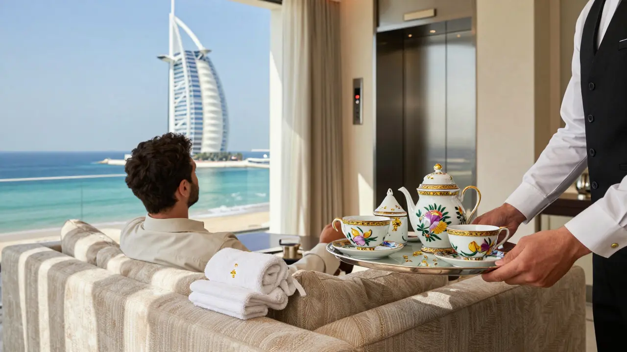 A butler presents a gold-leaf tea service in a luxurious two-story suite with ocean views.