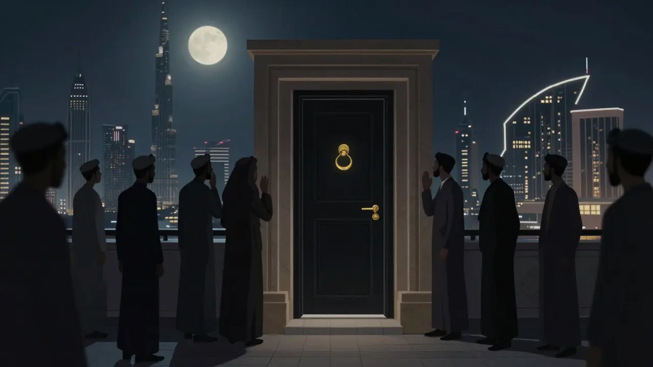 A hidden black door with a brass knocker on a Dubai rooftop, bathed in moonlight, no signs or crowds.