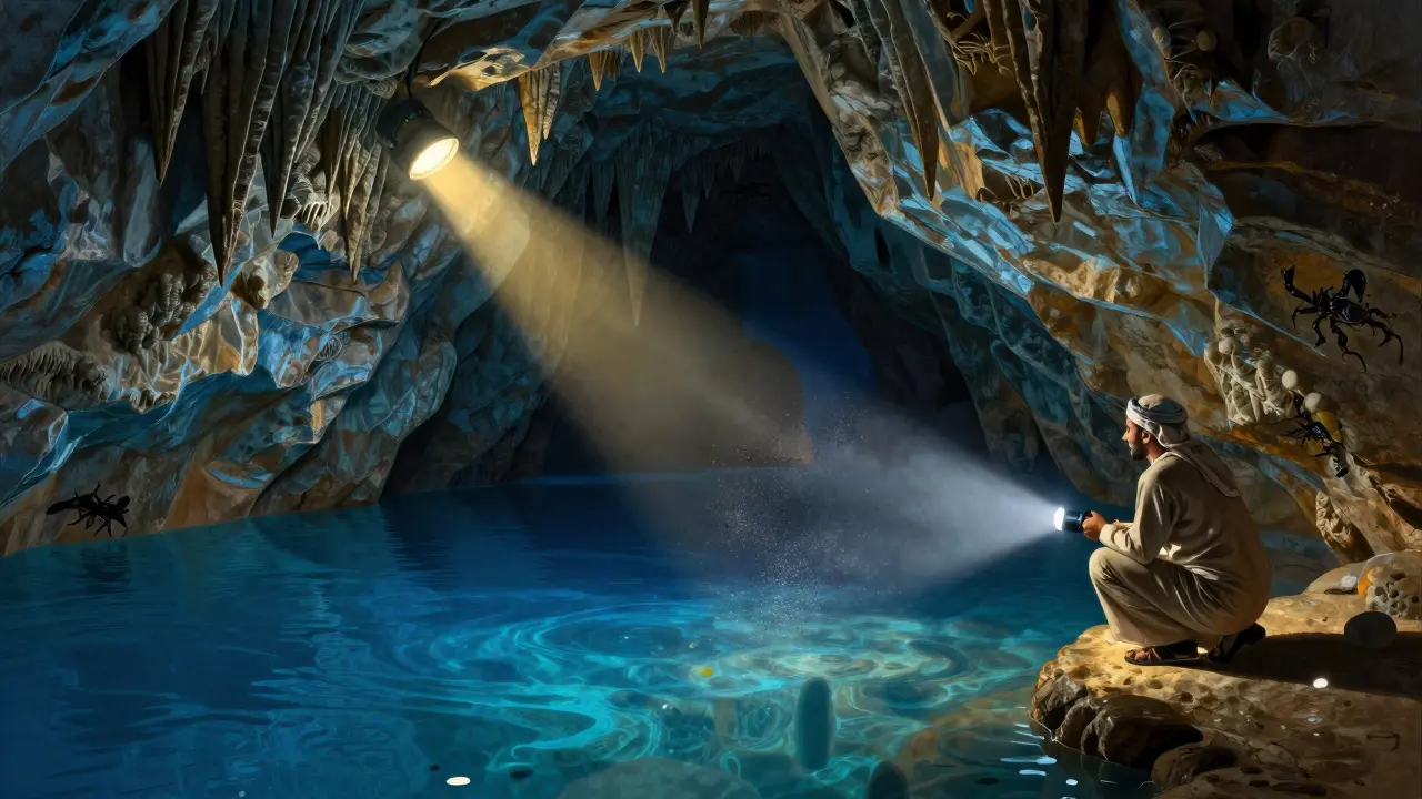 A hidden cave in Hatta with a glowing scorpion and crystal-clear underground pool lit by a single headlamp.