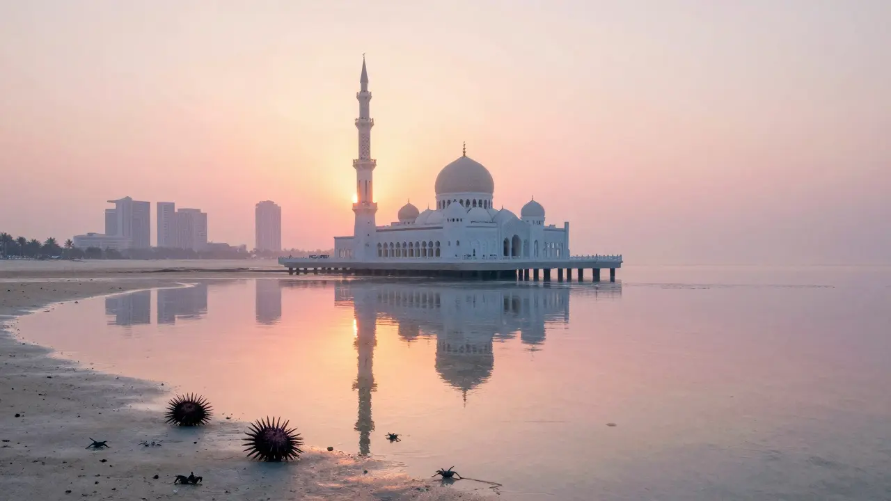 A lone floating mosque at sunrise, reflected in tidal pools with sea urchins and calm water.