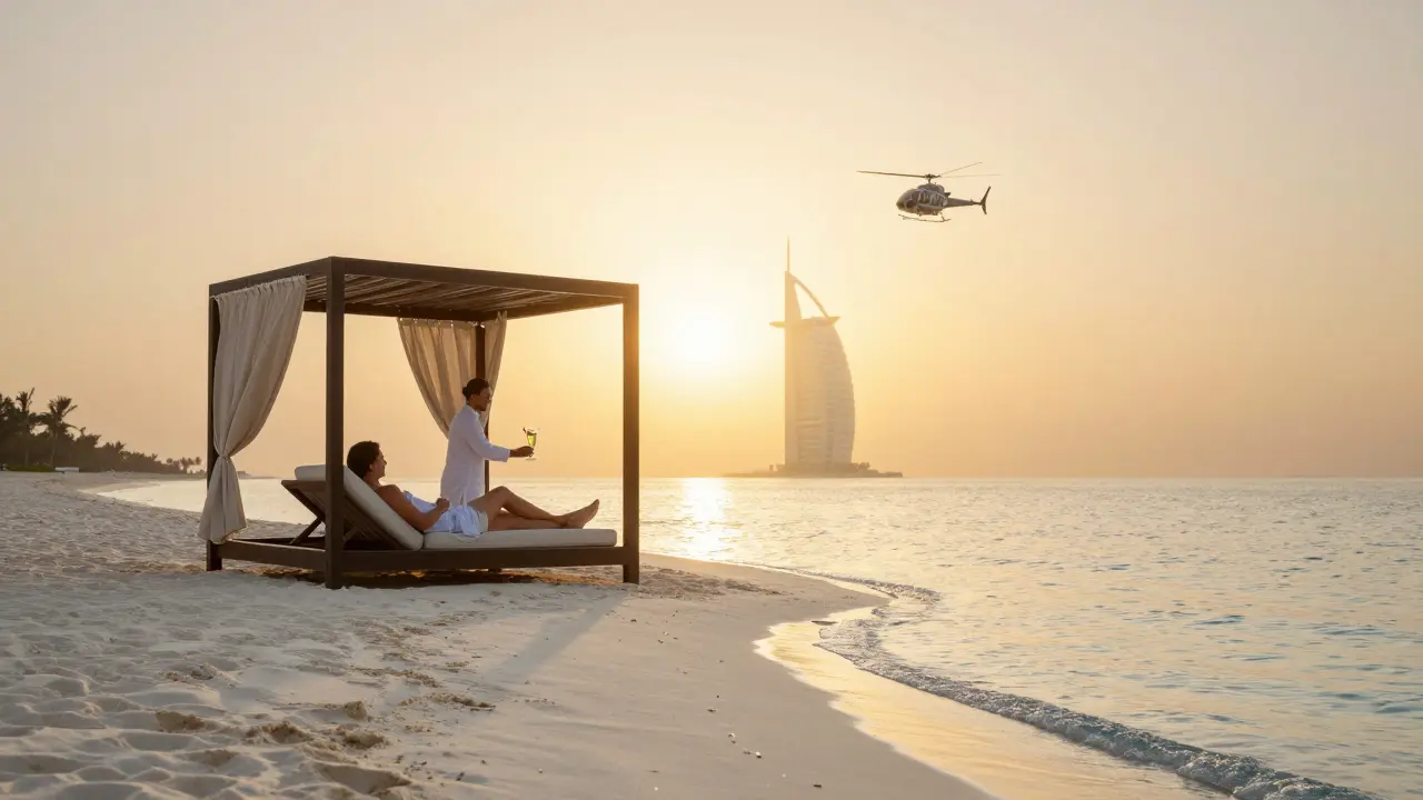 A private beach cabana at sunset with no other guests, overlooking the Arabian Gulf.