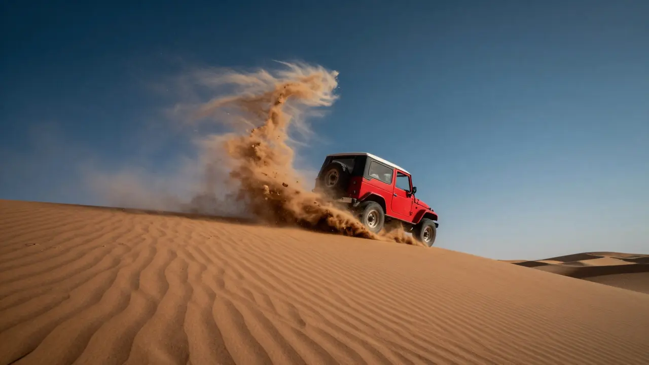 A red 4x4 vehicle spiraling down a dune, kicking up a dramatic cloud of sand.