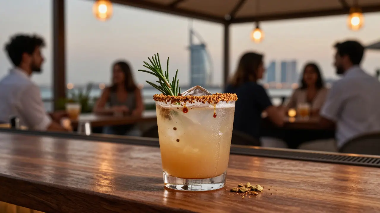 A signature 'Desert Mirage' cocktail with cardamom rim and rosemary sprig on wooden bar, blurred Dubai skyline behind.