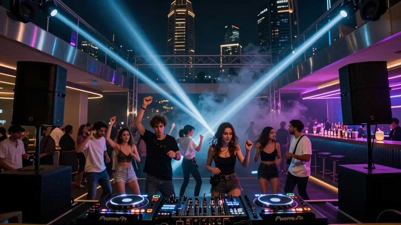 A vibrant underground club with a pulsing dance floor, strobe lights, and a crowd dancing to electronic music.