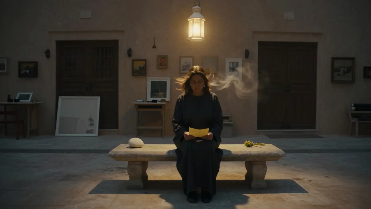 A woman holds a letter on a stone bench as a white lantern pulses above her in a hidden Dubai courtyard.