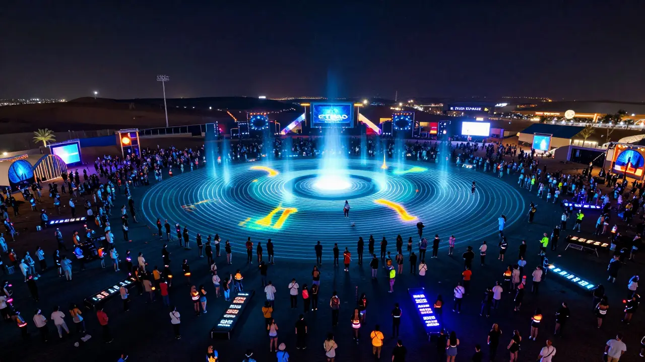 Aerial view of concert crowd with thermal heat signatures and directional sound waves, guided by glowing LED floor signs at night.