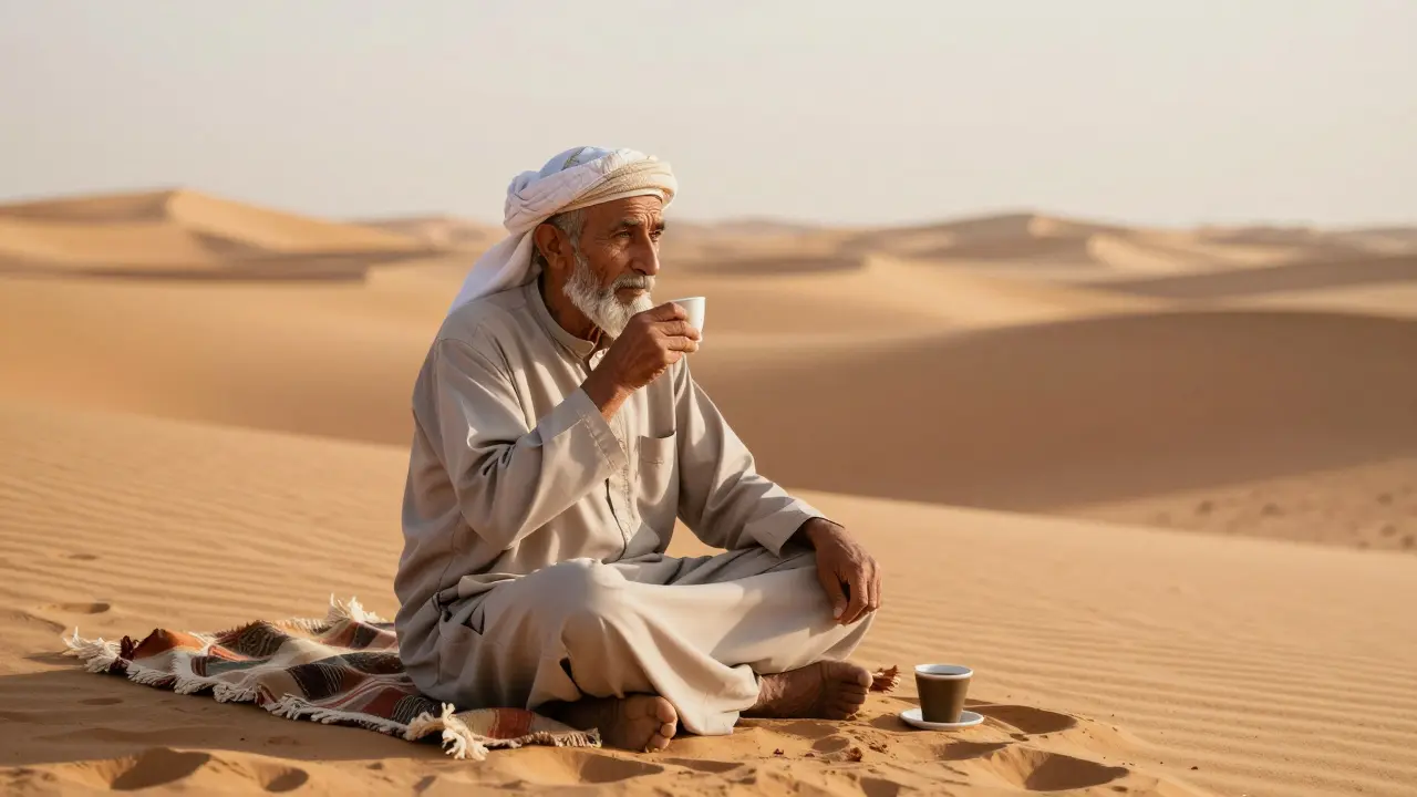 An elderly Bedouin man sipping coffee under the midday sun, surrounded by endless dunes.