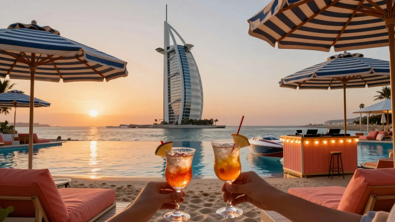 Beachcomber at Jumeirah Beach Hotel with Burj Al Arab in background and retro cabanas at sunset.