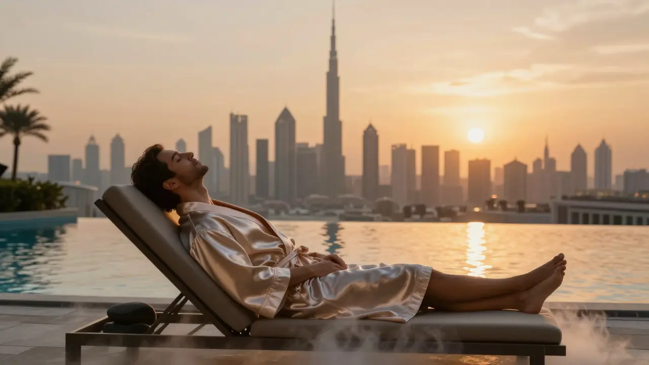 Client relaxing in robe with Dubai skyline view after massage session.
