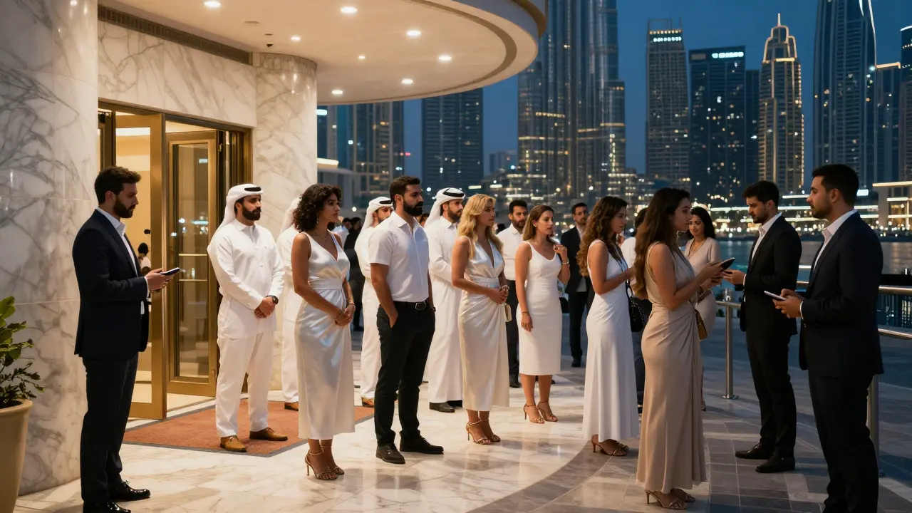 Curated crowd in formal attire waiting to enter White Dubai nightclub at night, with Dubai Marina skyline in the background.
