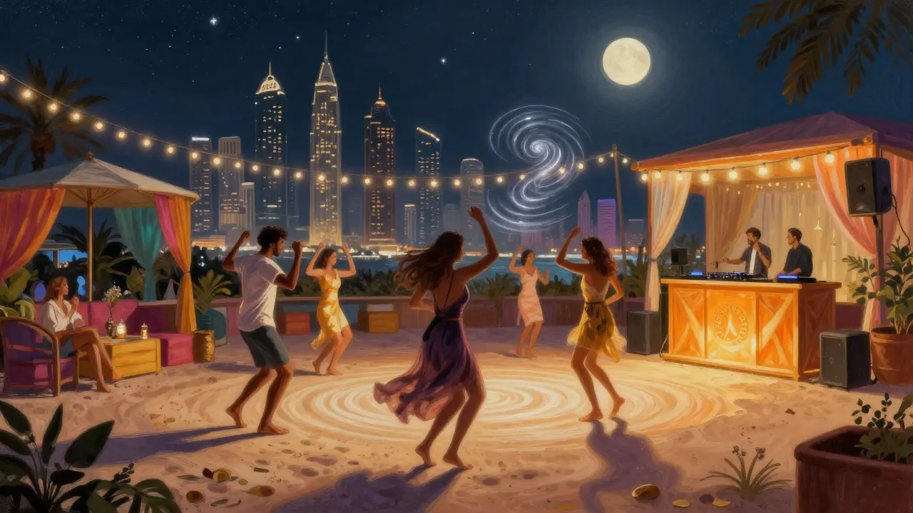 Guests dancing on sand under string lights at Soho Garden with Dubai Marina skyline lit up.