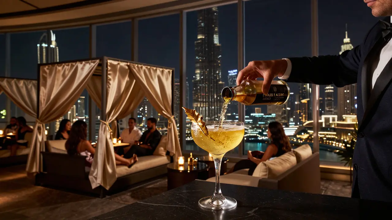 Guests in the Sky Lounge of Cavalli Club sipping a golden cocktail with 24-karat leaf, overlooking Dubai's skyline at night.