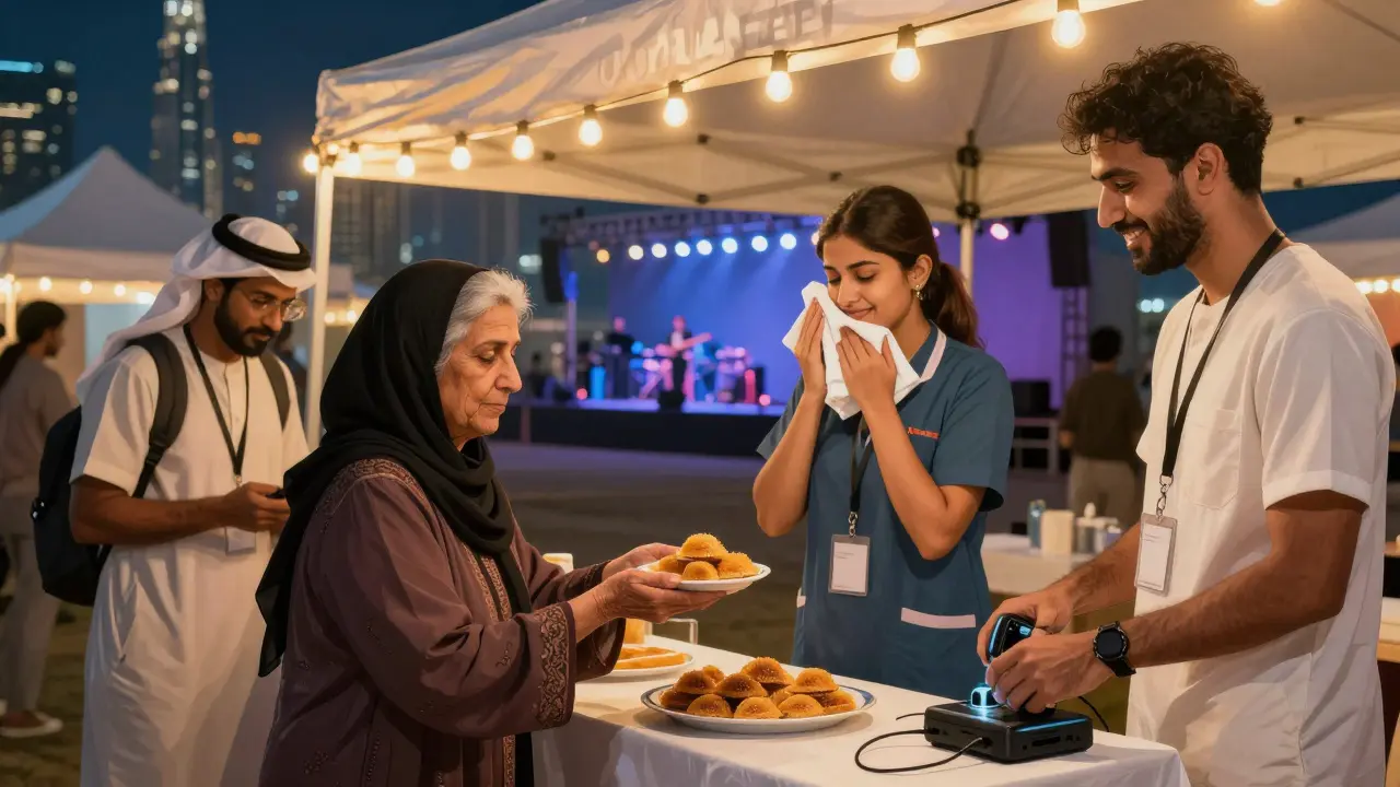 Multicultural volunteer tent at Dubai Jazz Festival, offering food and care under string lights with skyline in background.