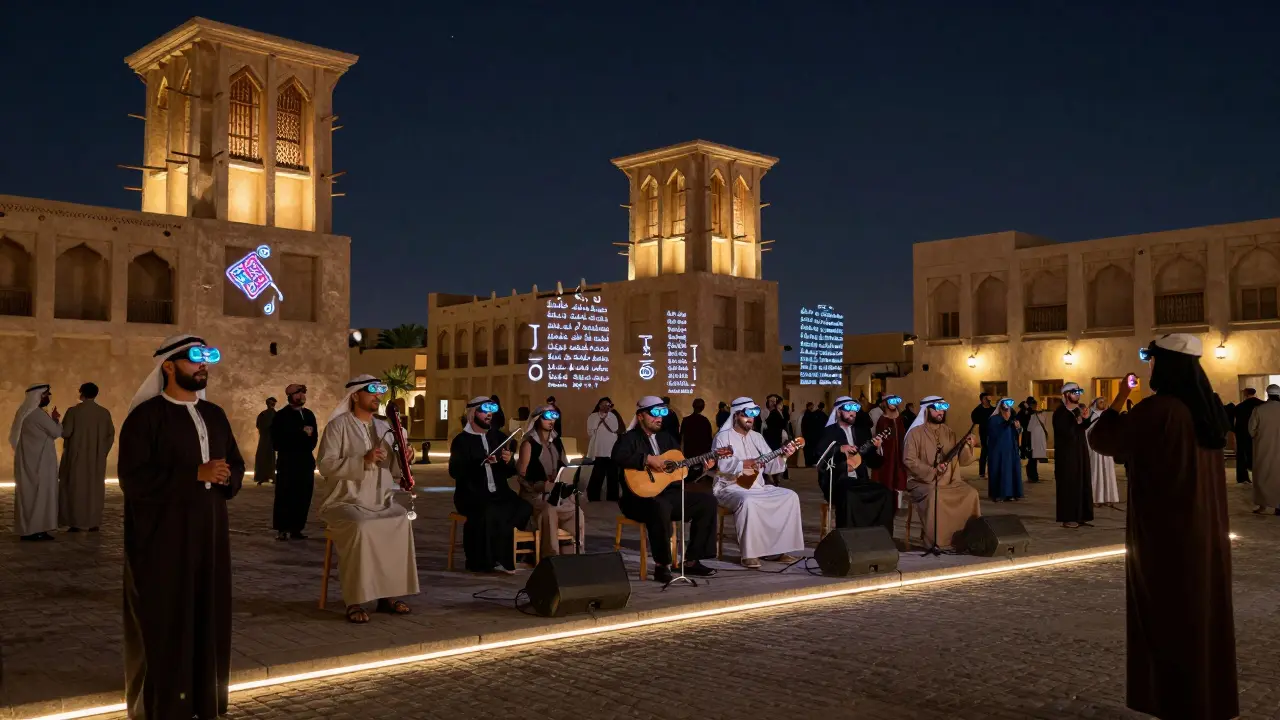 People wearing AR glasses seeing digital Bedouin patterns projected on historic wind towers during a live Arabic music performance.