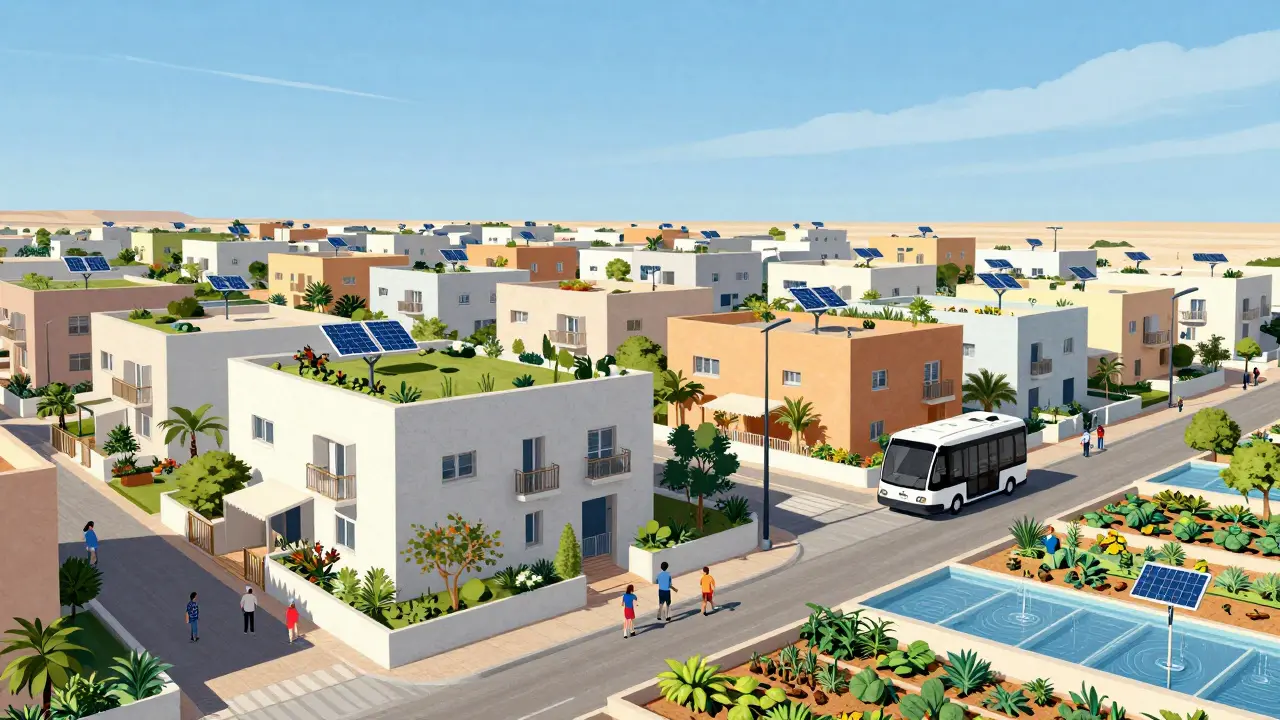 Sustainable City in Dubai featuring rooftop gardens, solar lights, and electric shuttles amid green urban living.