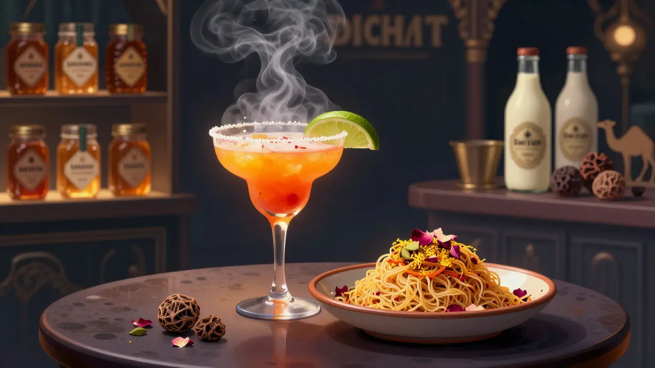 The Alchemist bar with a smoking cocktail and Emirati Balaleet, surrounded by rare local ingredients like ghaf honey and camel milk.