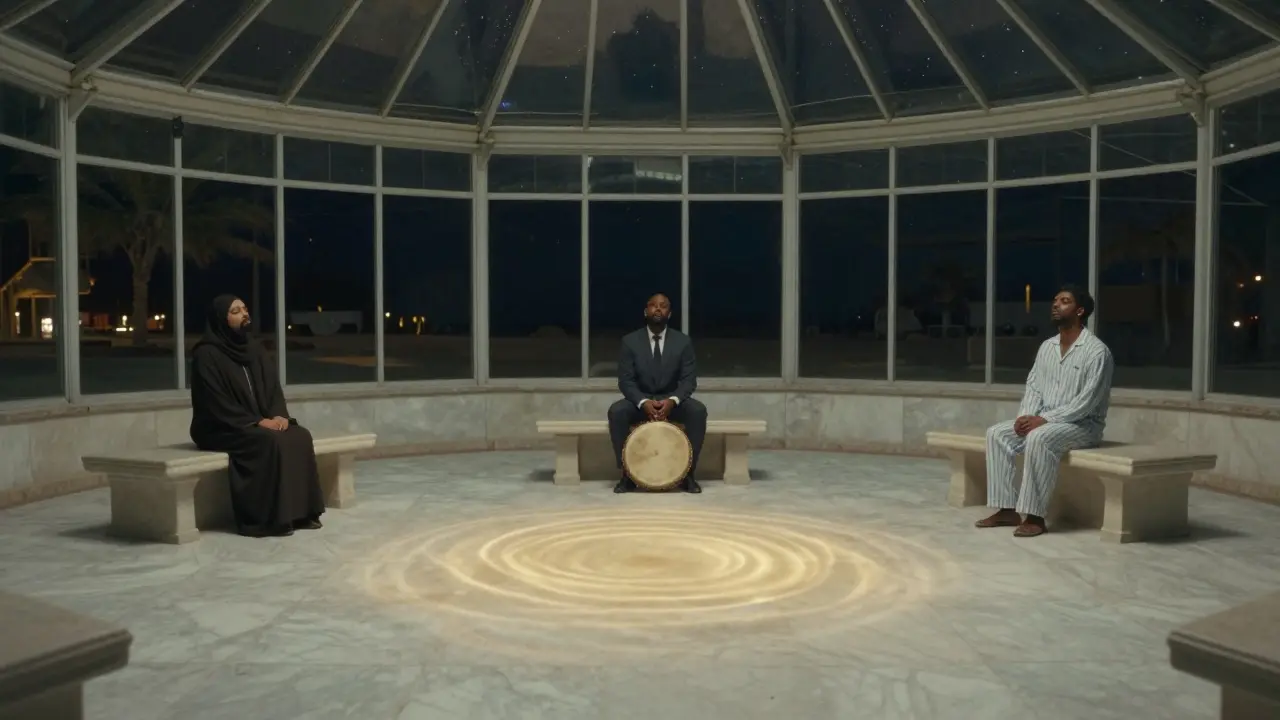 Three people sit silently on white marble benches under a glass ceiling, illuminated by a soft pulsing golden glow.