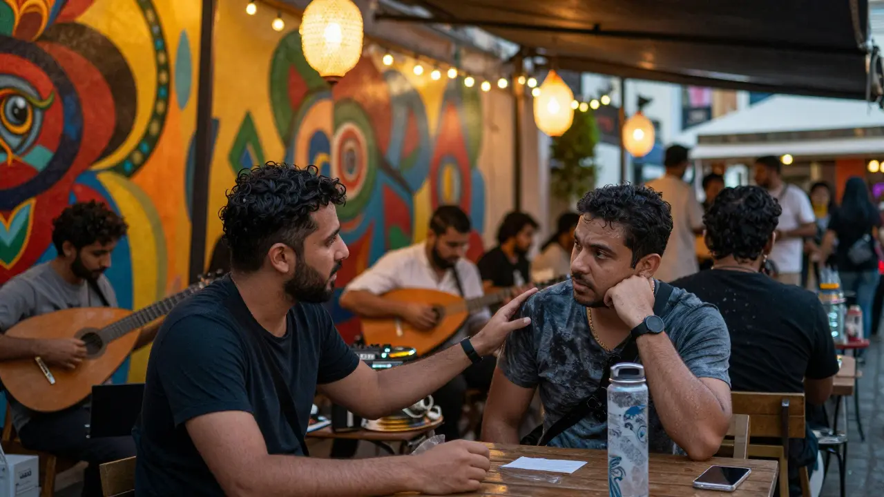 Volunteer guiding a tourist to seating at Alserkal Avenue concert, surrounded by street art and string lights as music plays.