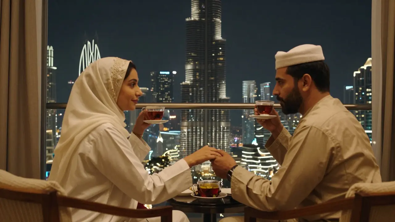 A couple enjoying a quiet moment on a hotel balcony in Dubai, sipping tea as the city lights glow below.