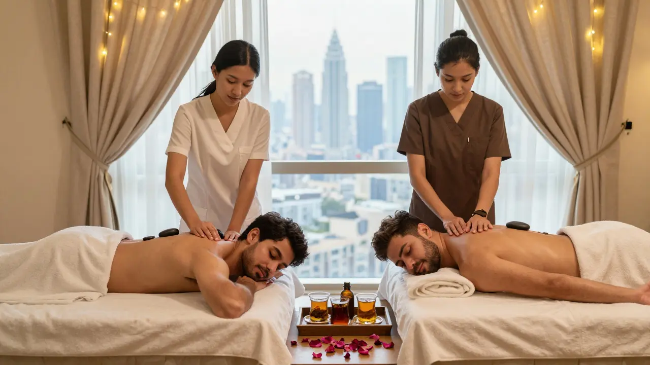 A couple receiving side-by-side home massages with hot stones and natural oils in their bedroom.