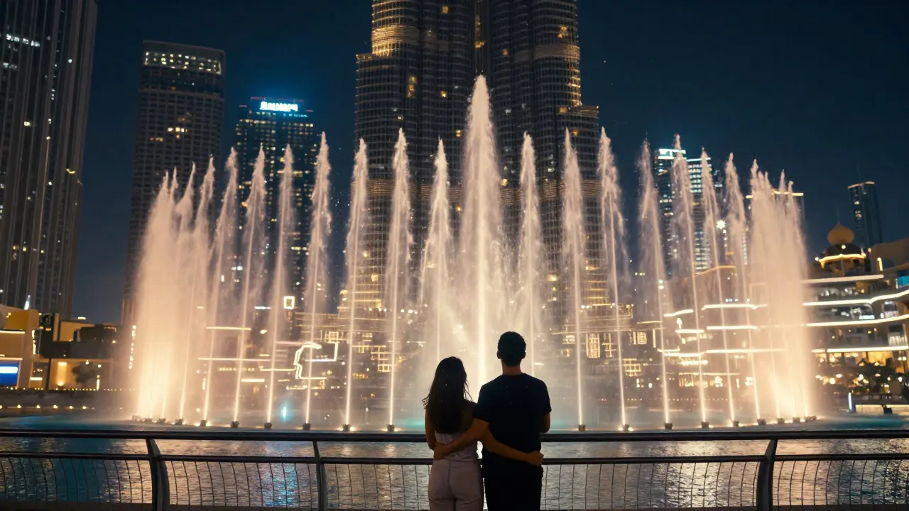 A couple standing on a bridge beneath the Dubai Fountain, water spires rising around them under golden and blue city lights.