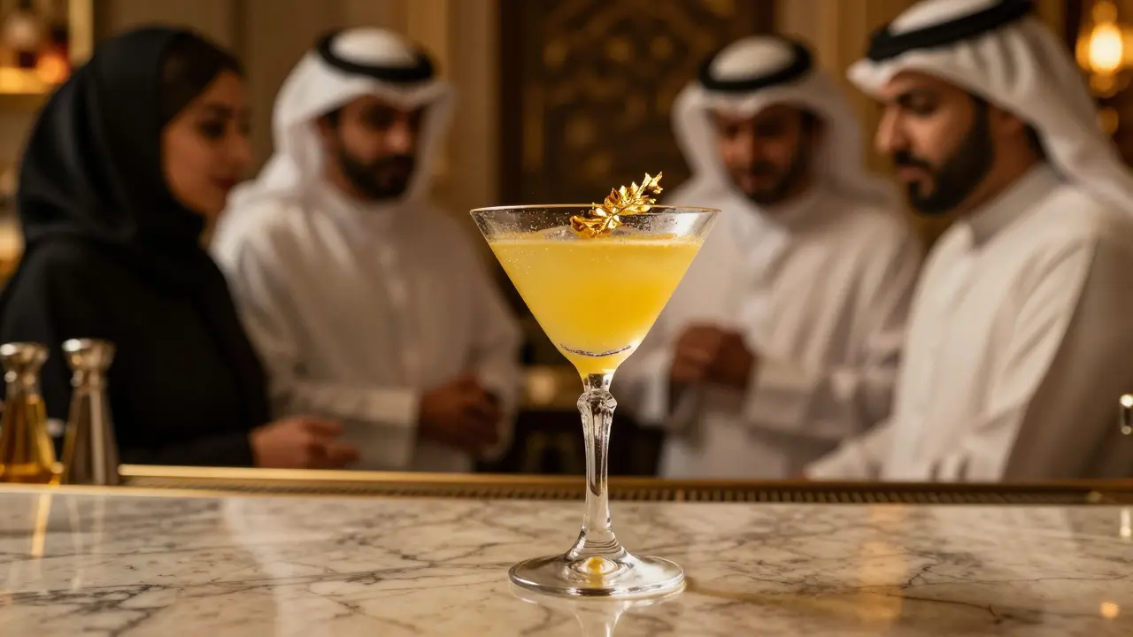A Golden Falcon cocktail in crystal glass with edible gold leaf, served on marble beside blurred figures in luxurious attire.