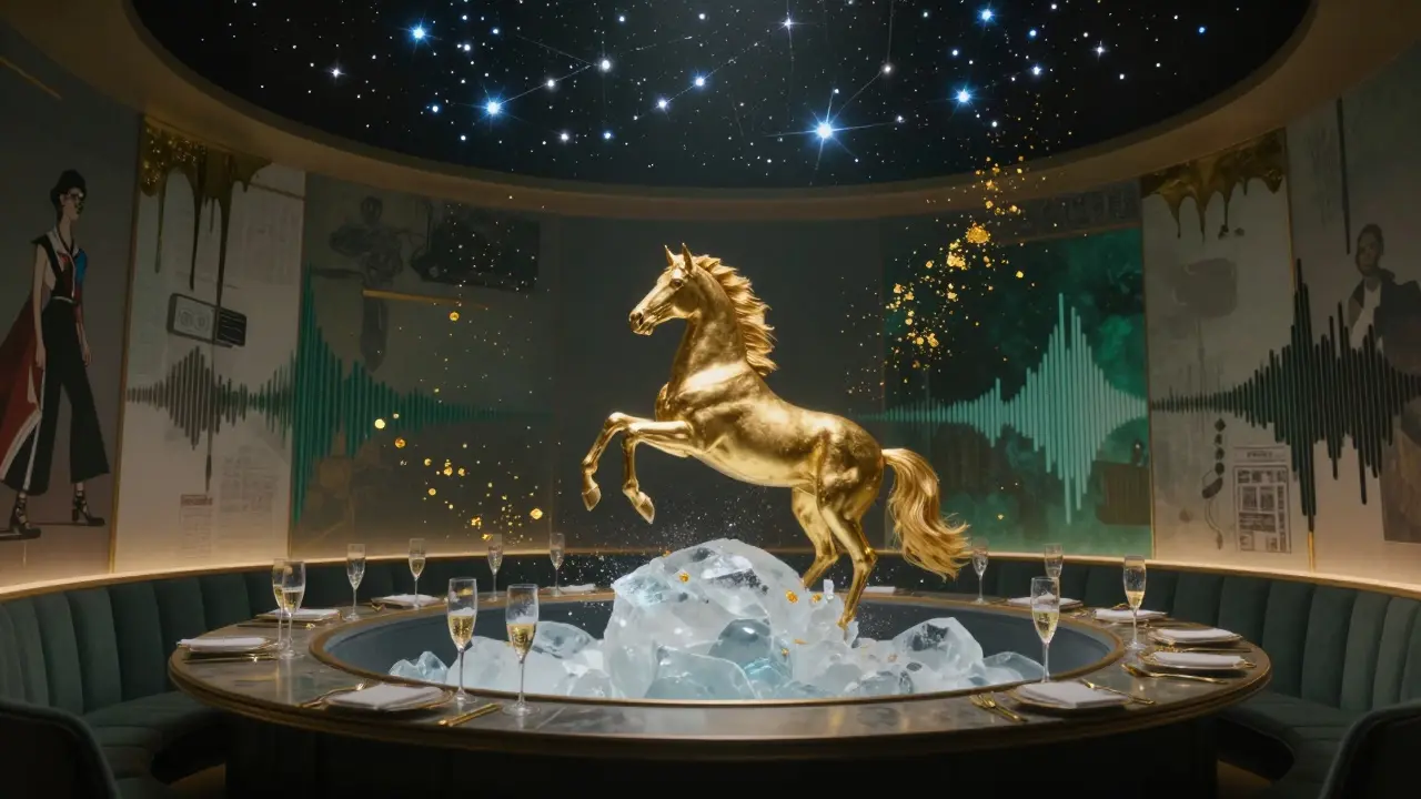 A golden horse emerging from ice above a VIP booth, surrounded by floating champagne flutes.