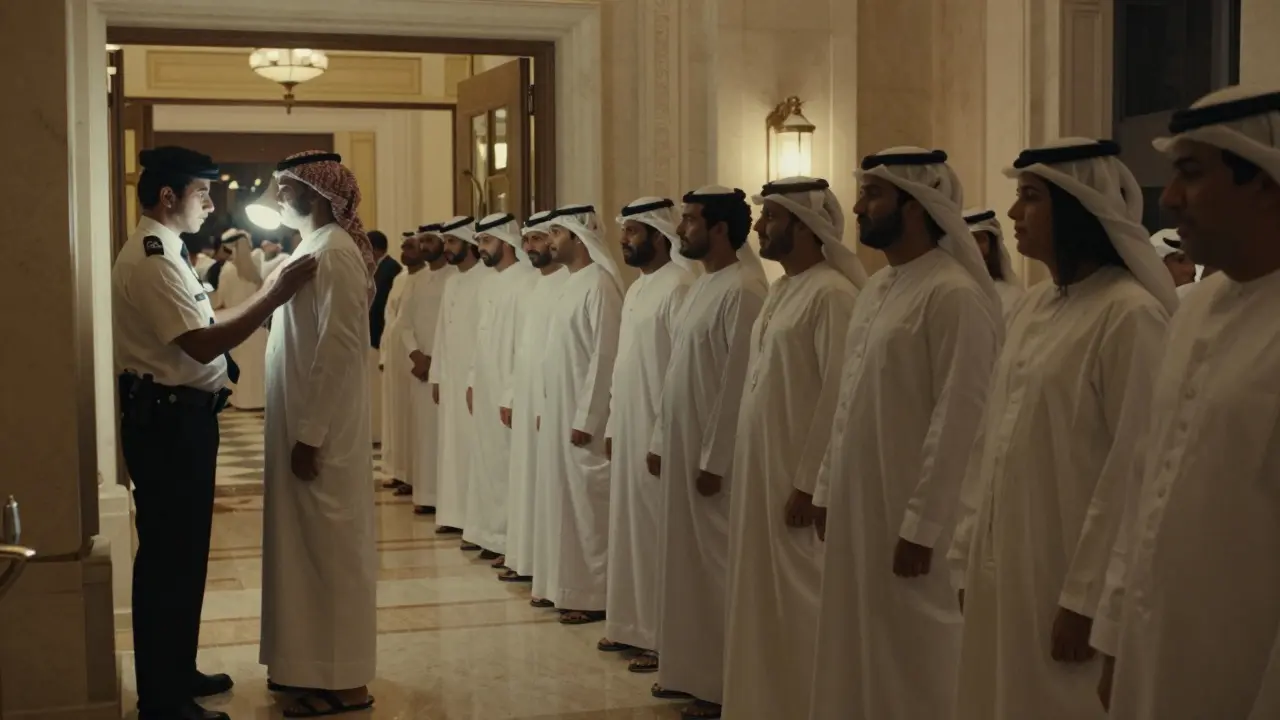 A line of people in pure white wait to enter White Dubai, security checking a shirt under a bright lamp.