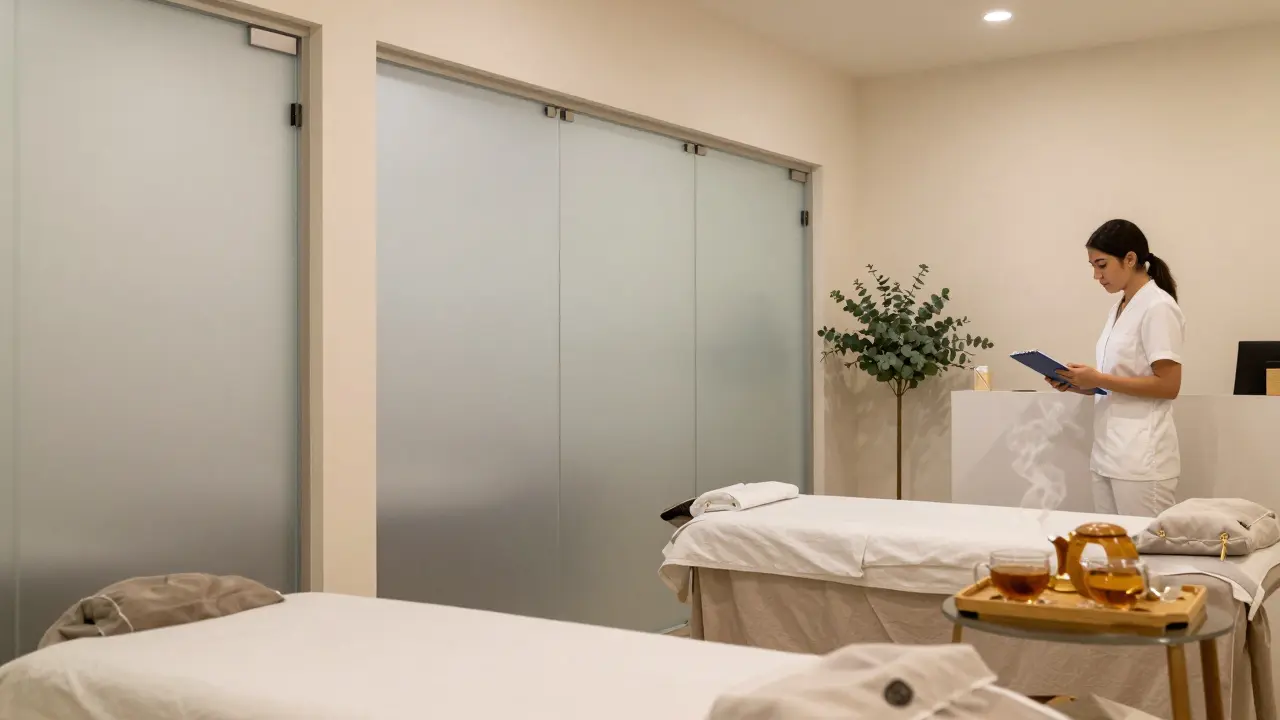 A quiet wellness studio in Dubai with herbal tea and a therapist reviewing notes beside a potted plant.