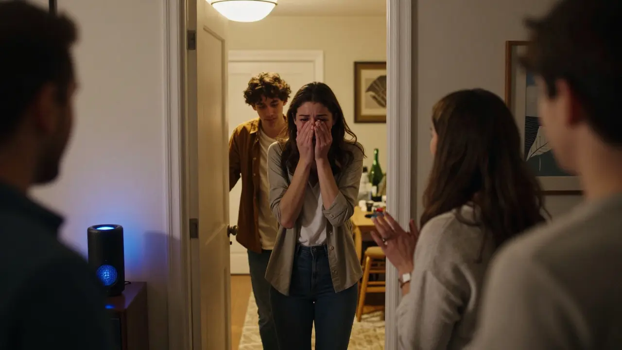 A surprised birthday person crying as her brother walks in, guests reacting in shock, soft spotlight on them.