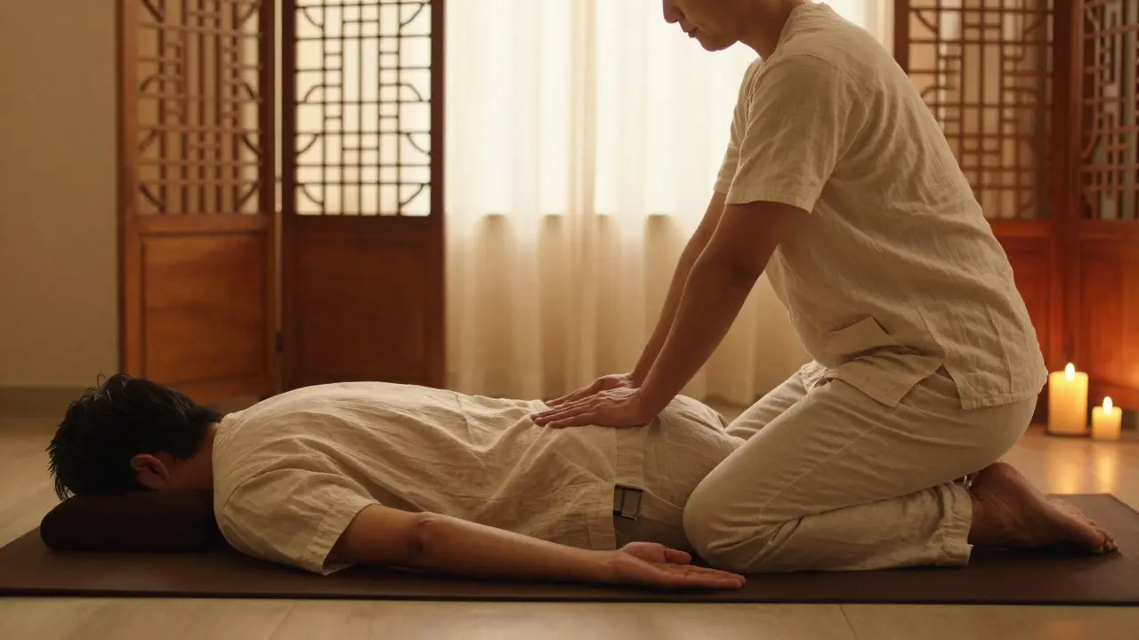 A Thai massage session with therapist guiding a client through a stretch on a low mat, surrounded by candlelight.