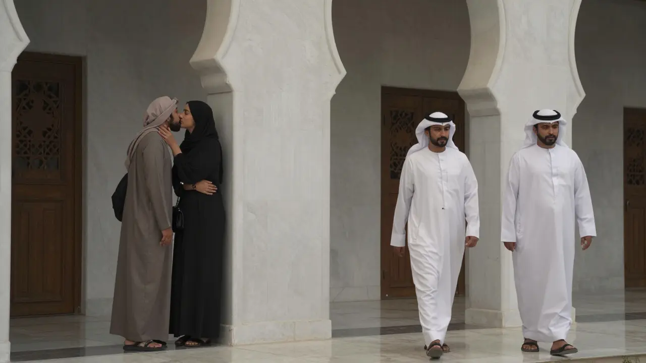 A tourist hesitating to kiss their partner near a mosque, while a local couple walks by with respectful distance.