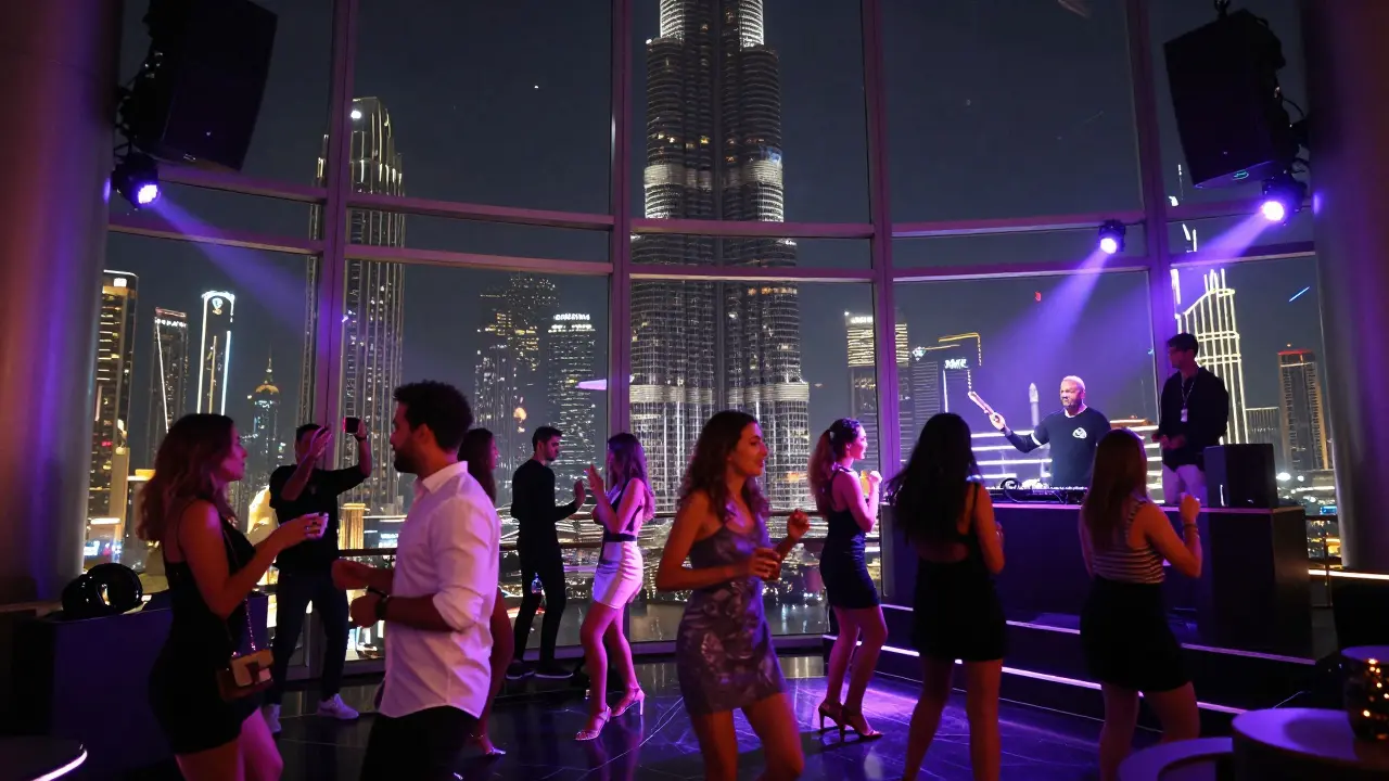 A vibrant nightclub on the 122nd floor of Burj Khalifa with panoramic city views and guests dancing to electronic music.