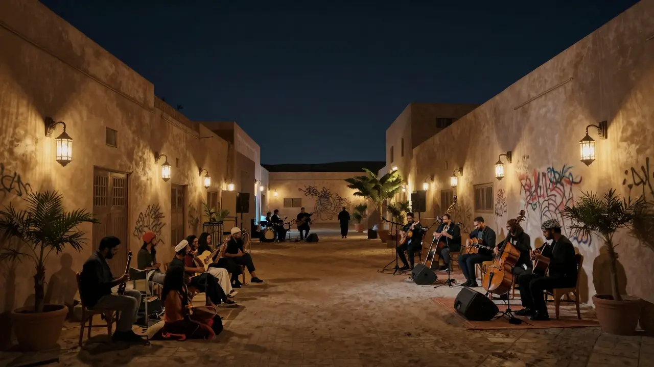 An intimate live jazz performance in a converted warehouse at Alserkal Avenue, lit by soft lanterns and warm ambient light.