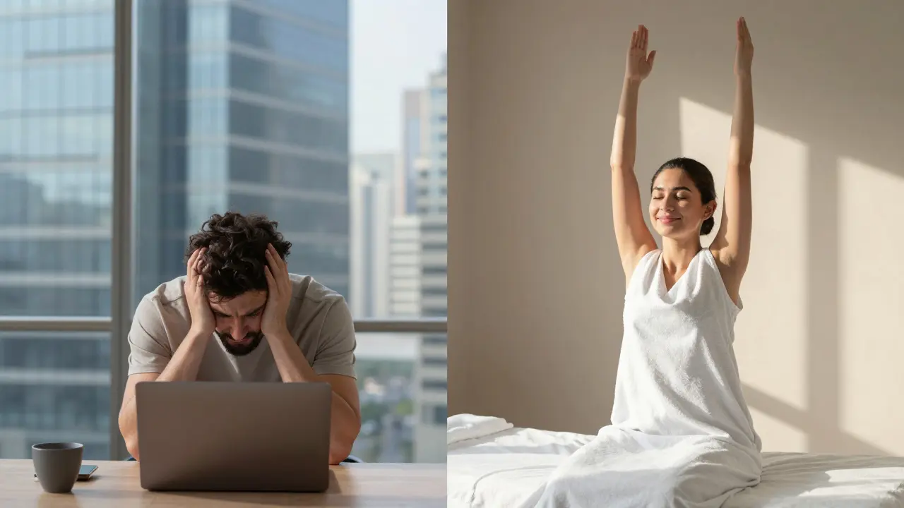 Before and after: a person transitions from hunched office stress to relaxed, upright peace after Thai massage.