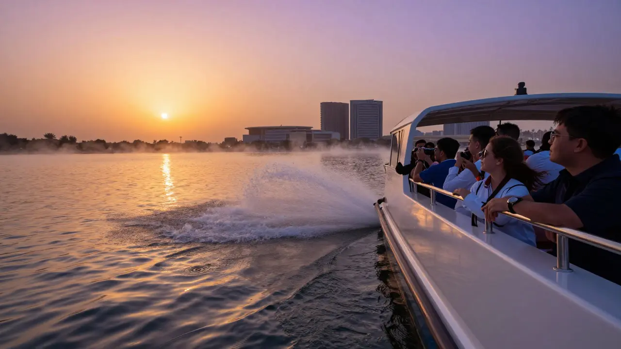 Boat passengers watching illuminated water display from the lake surface