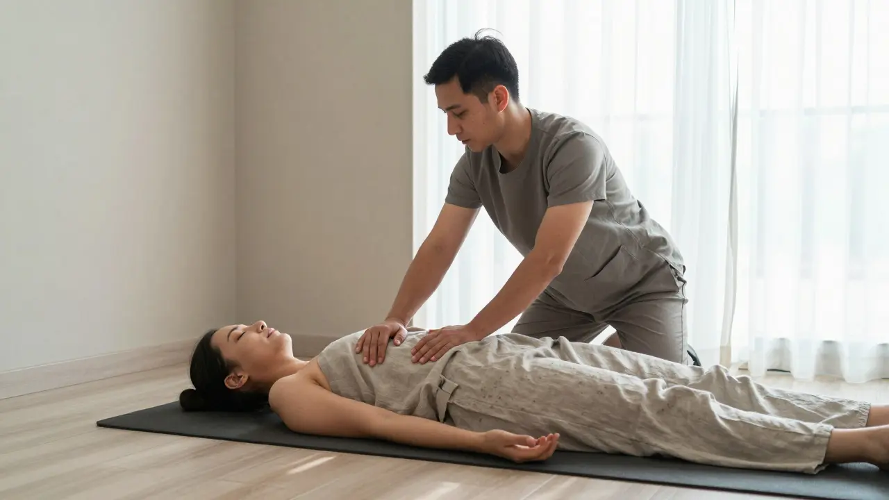 Certified therapist performing Thai massage on a mat with focused pressure and stretching motions in a quiet spa room.
