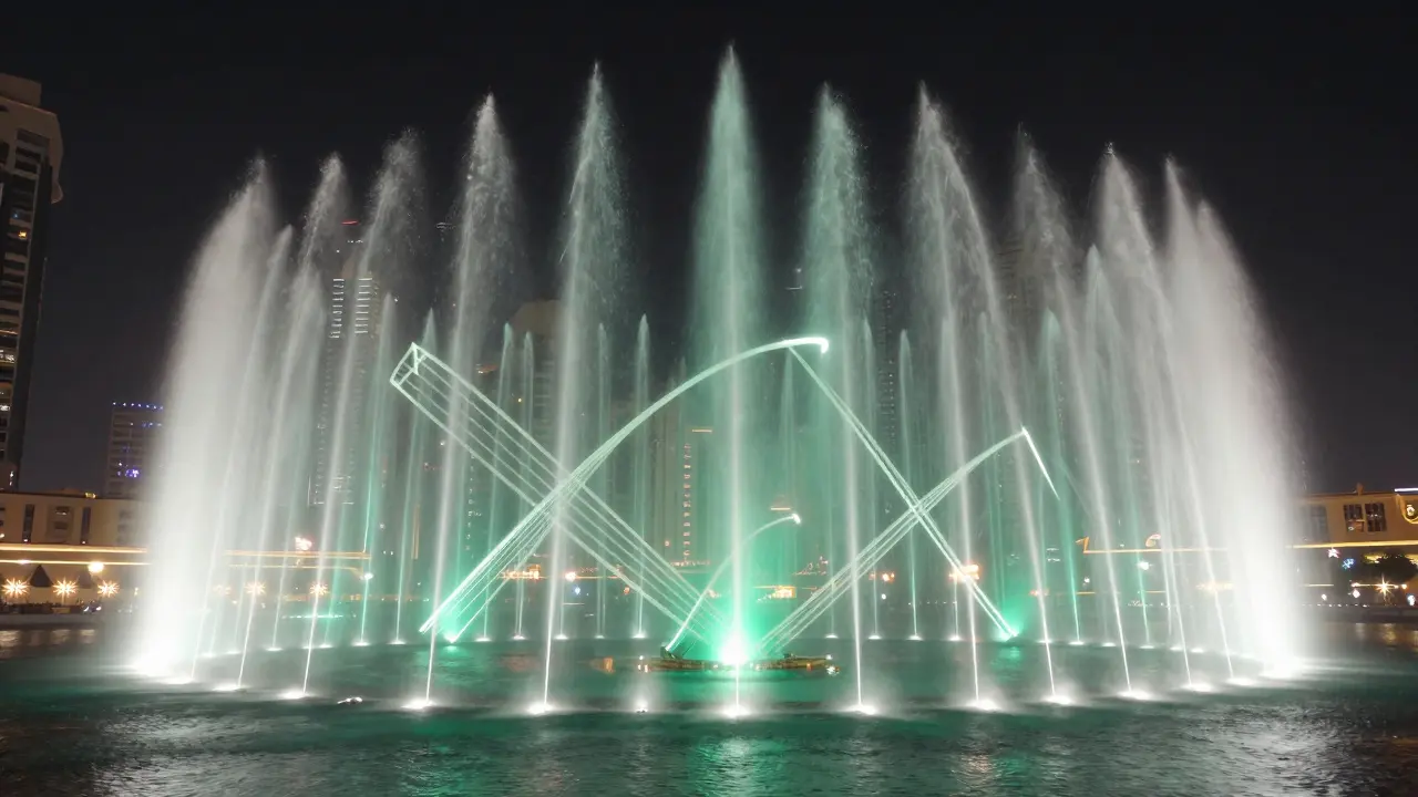 Colorful water streams captured as glowing light trails in the night