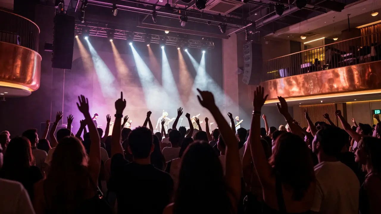 Concert crowd with stage lights at Dubai venue