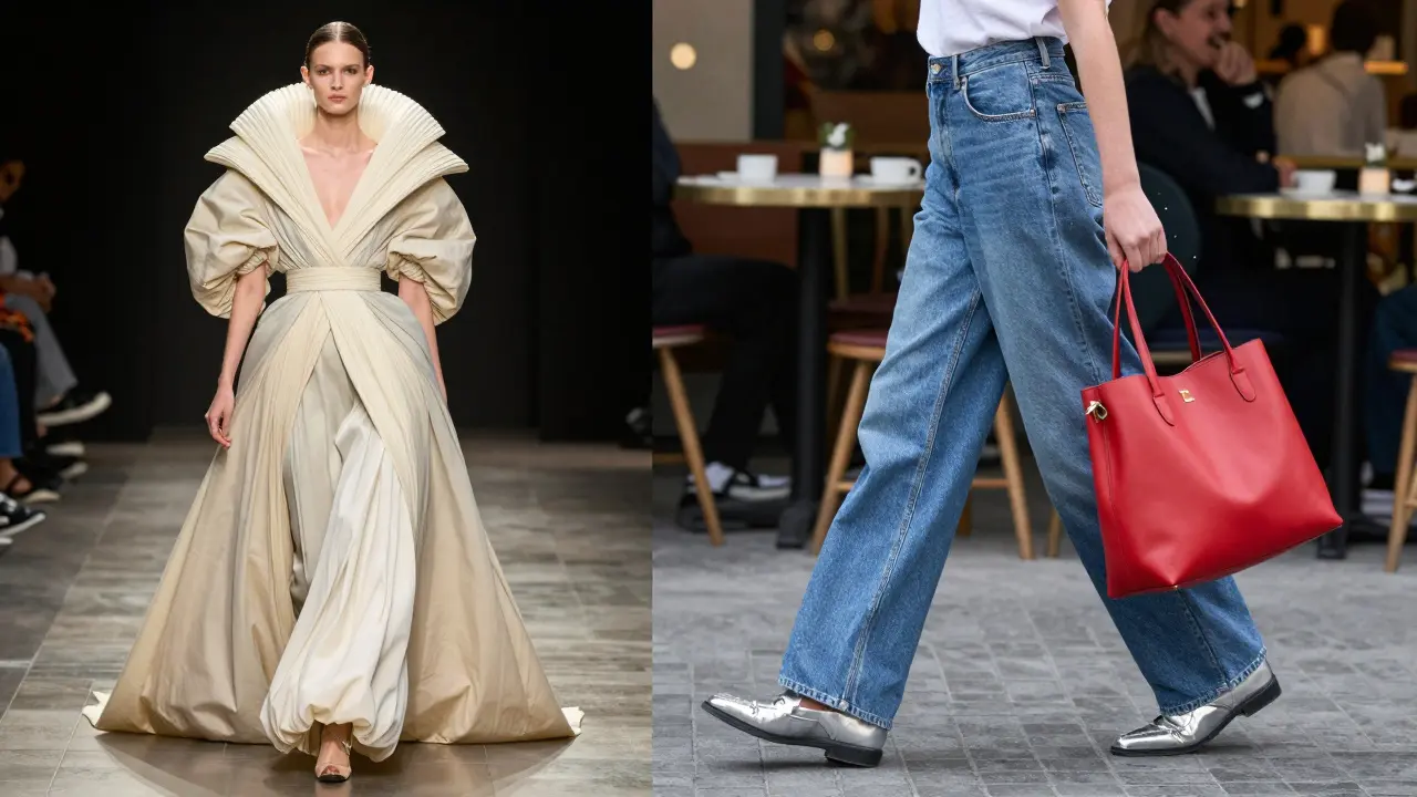 Contrast between exaggerated runway fashion and authentic street style: a person in metallic loafers and a bold red bag walks past a café under natural light.