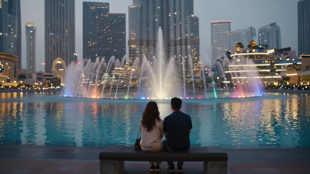 Couple on a lakeside bench watching colorful fountain lights dance around them under the night sky.