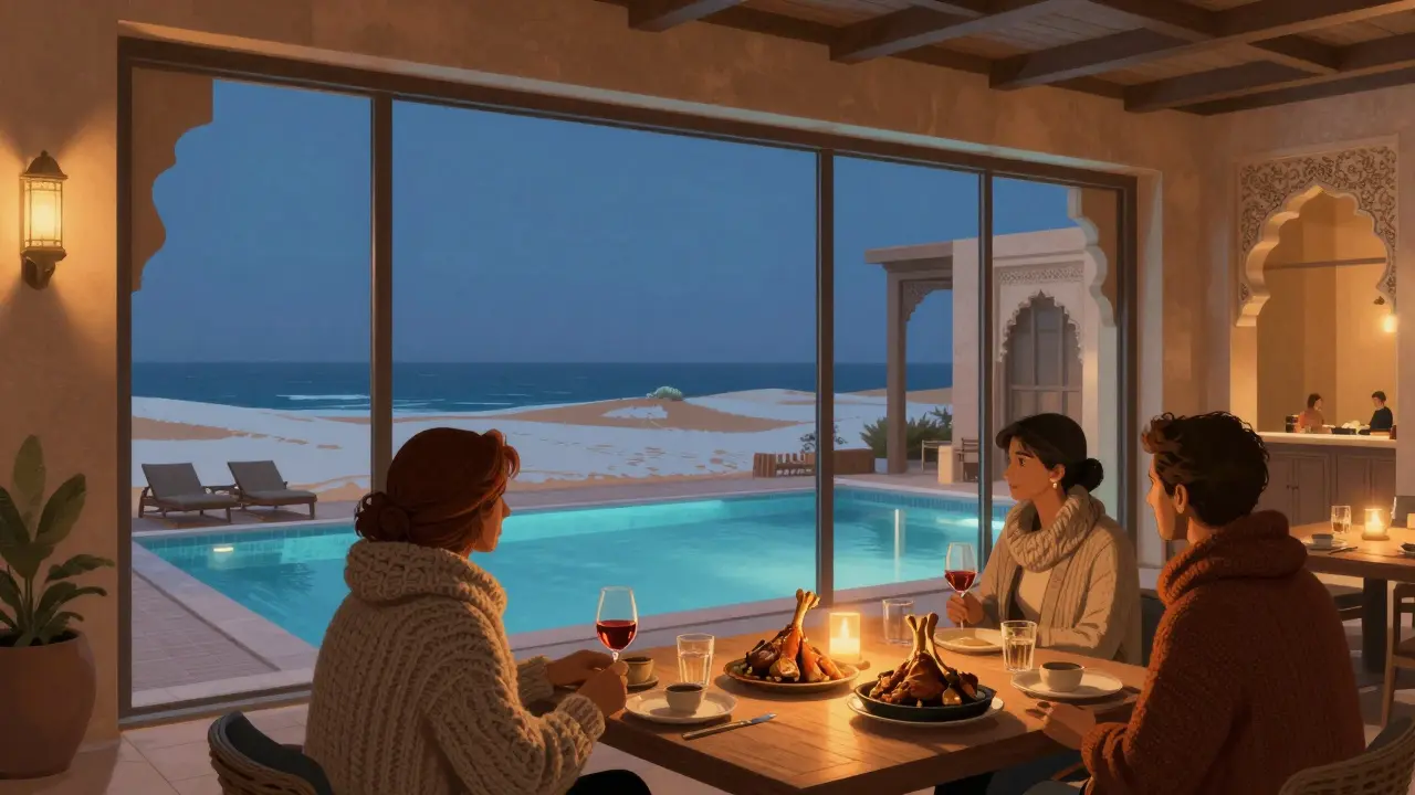 Couples dining at La Plage in winter with heated pool and Arabic architecture, warm lighting reflecting off glass walls.