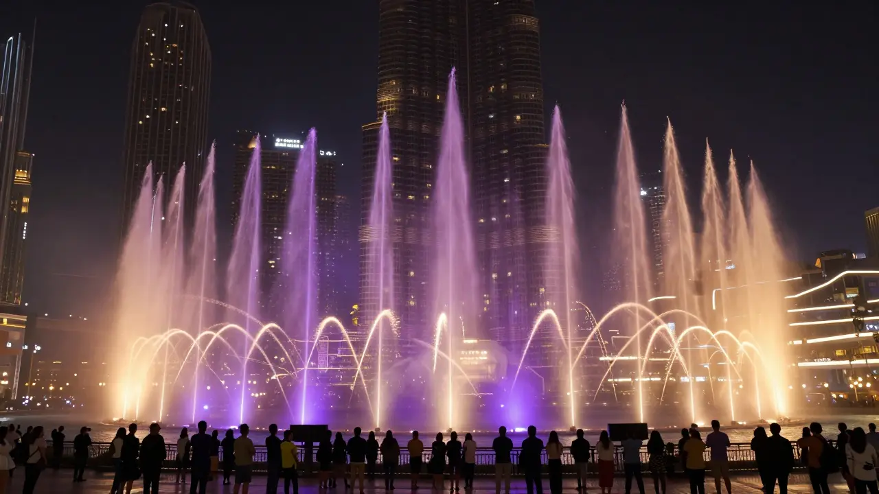 Crowd on the promenade witnessing a dazzling midnight fountain show with water shooting in synchronized patterns.
