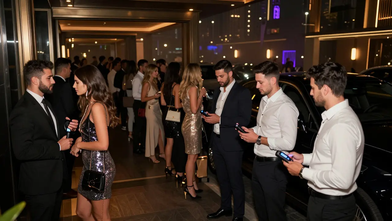 Crowd waiting in line at a luxury Dubai club entrance, guests dressed formally as bouncers check IDs.